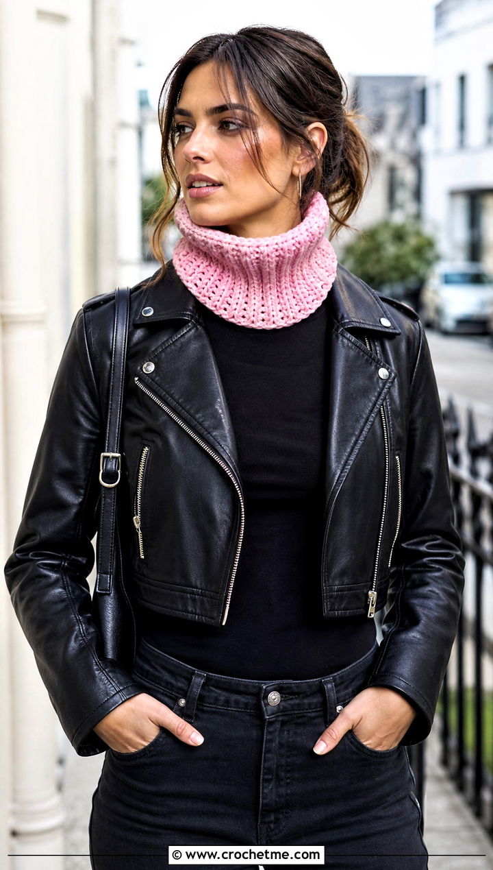 Mock Rib Cowl With Leather Jacket - 20 Crochet Ribbed Cowl outfit ideas