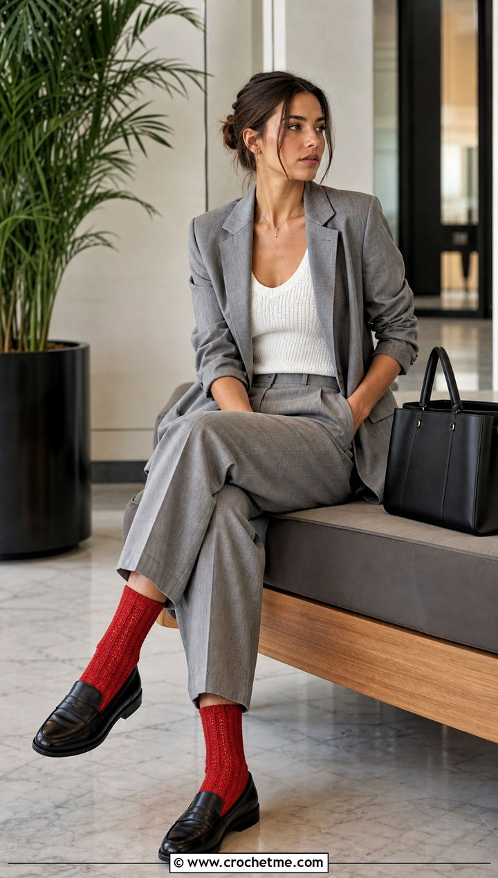 Mock Rib Crochet Flat Socks With A Trouser Suit - 25 Crochet Flat Socks outfit ideas