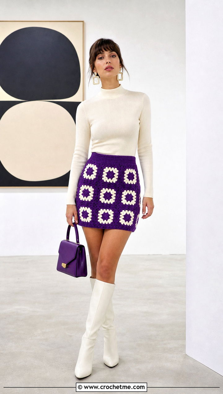 Mod Granny Square Mini Skirt With Mock Neck Top - 25 Crochet Granny Square Mini Skirt outfit ideas