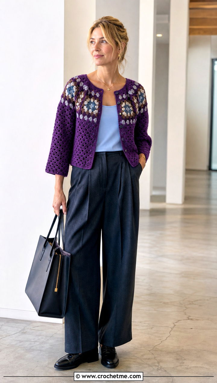 Modern Yoke Granny Square Cardigan With Wide Leg Trousers - 15 Everyday Granny Square Cardigan outfit ideas