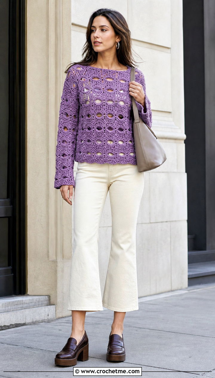 Modified Shell Stitch Crochet Sweater With Cropped Flare Pants - 25 Shell Stitch Crochet Sweater outfit ideas