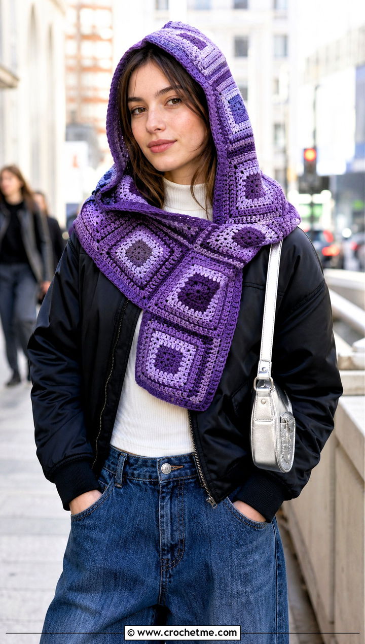 Modular Square Crochet Hooded Cowl With Bomber Jacket - 30 easy crochet hooded cowl outfit ideas