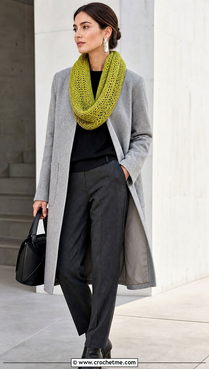 Moebius Crochet Cowl With Minimalist Coat - 25 cowl crochet scarf outfit ideas