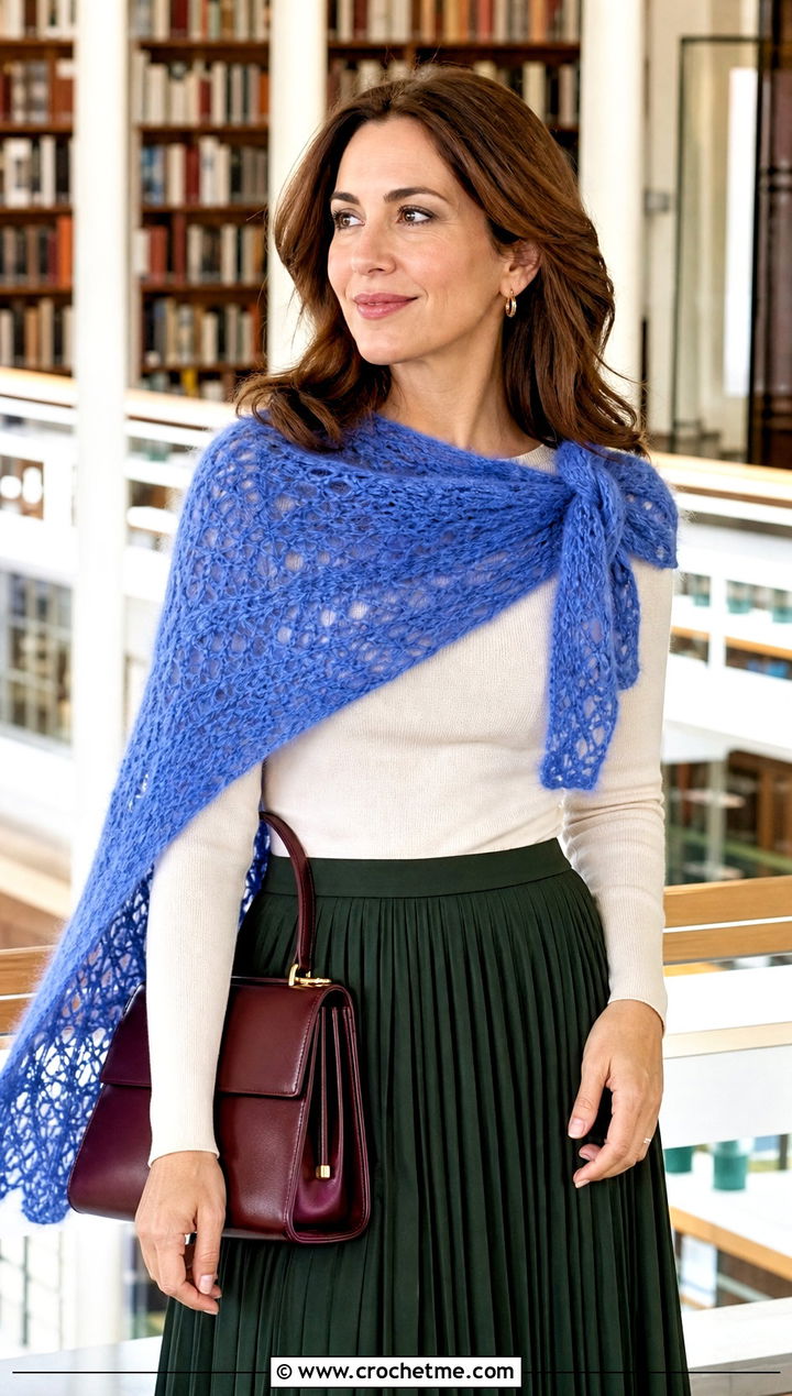 Mohair Asymmetrical Crochet Shawl With Pleated Skirt And Loafers - 30 asymmetrical crochet shawl outfit ideas