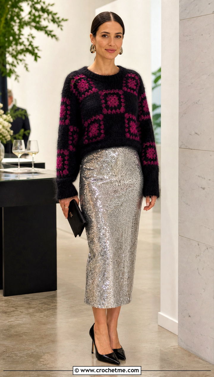 Mohair Black Granny Square Sweater With Sequin Skirt - 25 black granny square sweater outfit ideas
