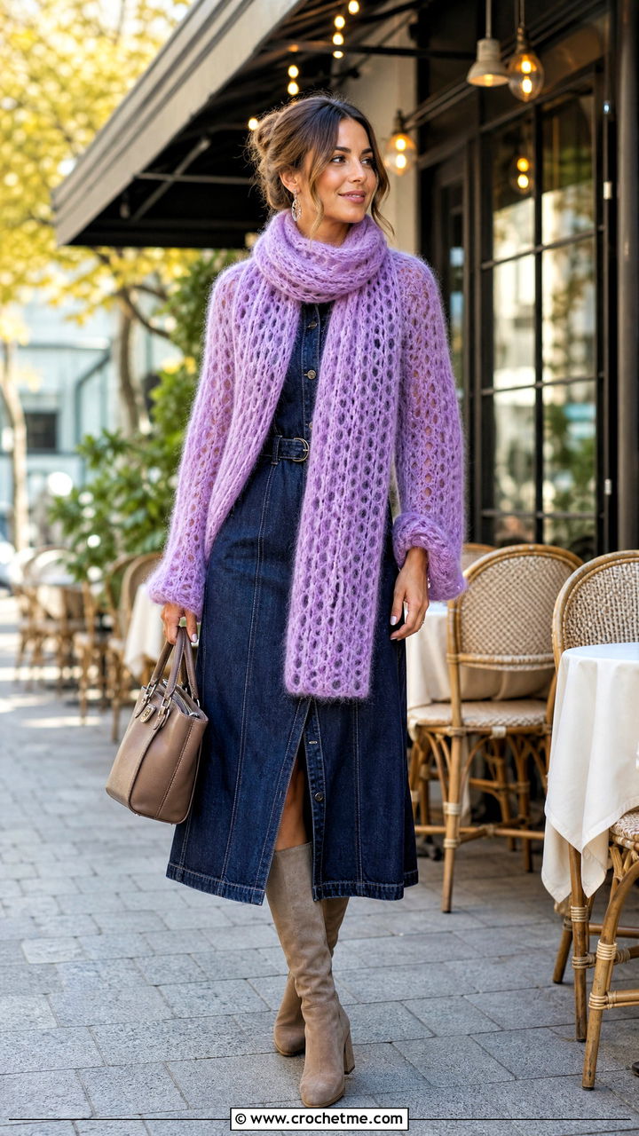Mohair Blend Crochet Scarf With Sleeves And Denim Dress - 35 crochet scarf with sleeves outfit ideas