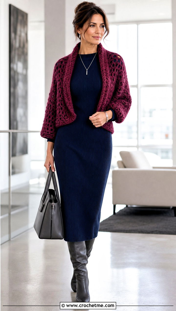 Mohair Blend Crochet Shrug With Knit Dress - 25 simple crochet shrug outfit ideas