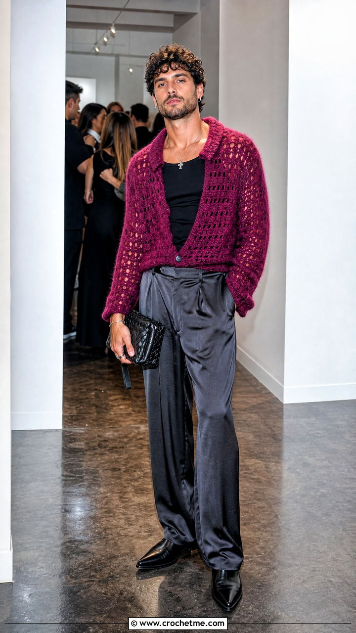 Mohair Blend Crochet Sweater With Satin Trousers - 35 crochet sweater for men outfit ideas