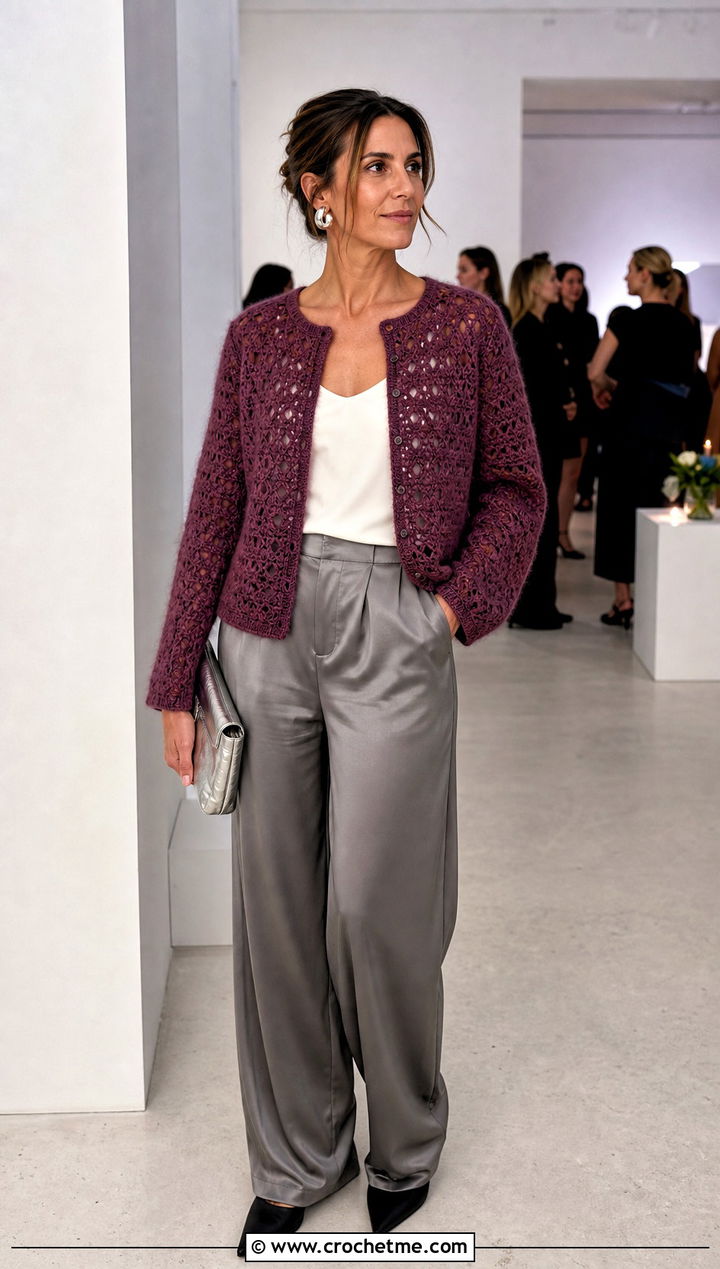Mohair Blend Round Crochet Cardigan With Satin Pants - 35 round crochet cardigan outfit ideas