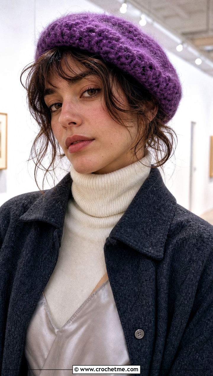 Mohair Blend Slouchy Crochet Beret With Slip Dress - 25 Slouchy Crochet Beret outfit ideas