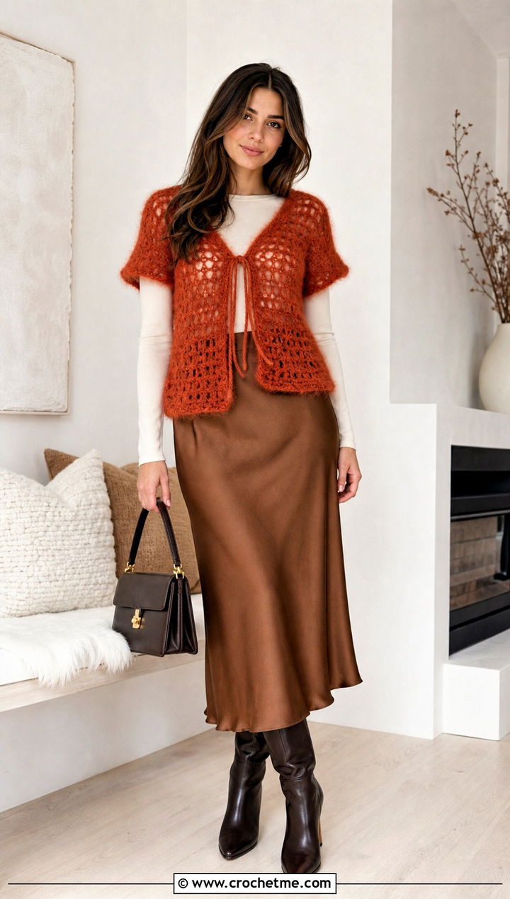 Mohair Blend Tie Front Crochet Top With Slip Skirt - 25 long sleeve tie front crochet top outfit ideas