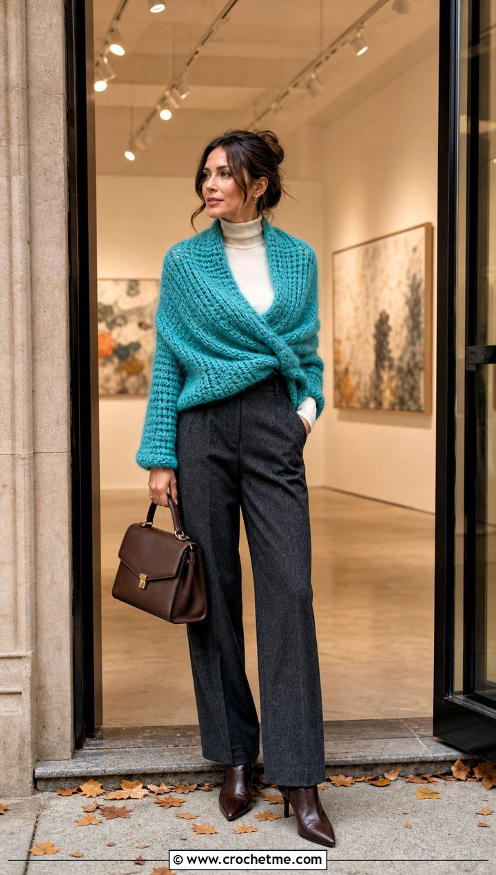 Mohair Blend Wrap Around Shrug With Wool Trousers - 25 Crochet Wrap Around Shrug outfit ideas