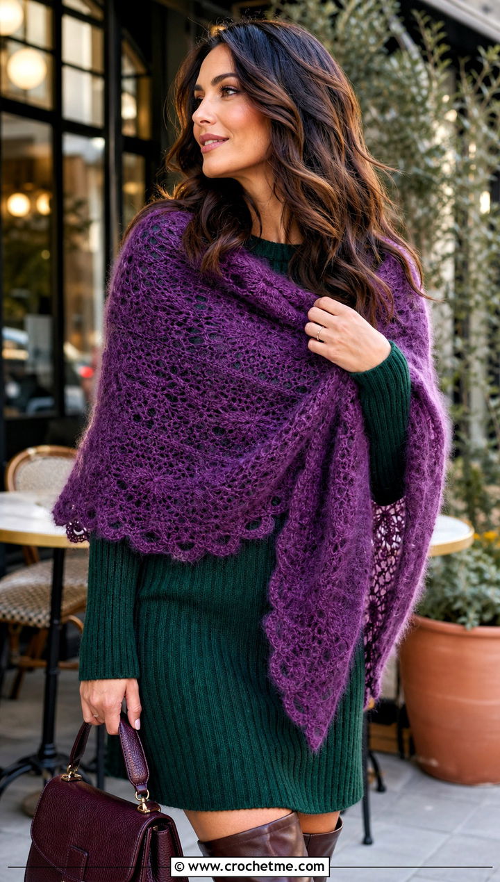 Mohair Circular Shawl With a Sweater Dress - 30 crochet circular shawl outfit ideas