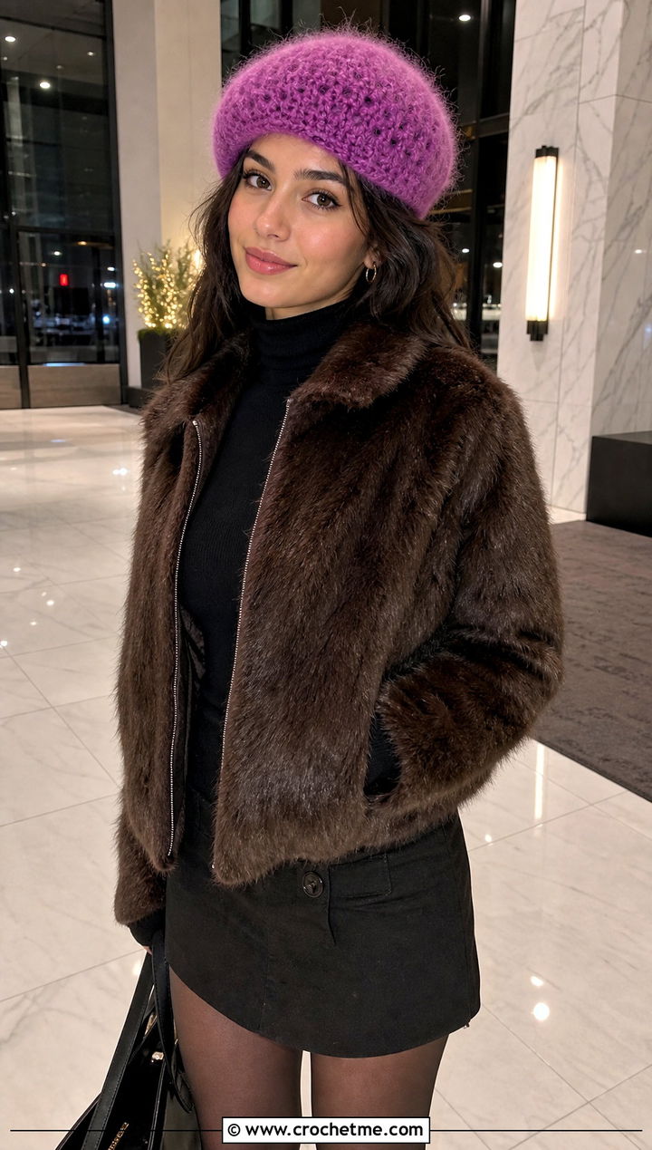 Mohair Crochet Beret With Faux Fur Jacket And Mini Skirt - 30 crochet berets outfit ideas