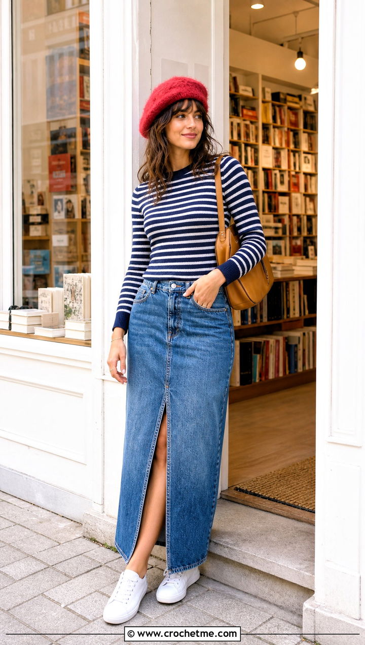 Mohair Crochet Beret With Striped Sweater And Denim Maxi Skirt - 35 Mohair Crochet Hat outfit ideas