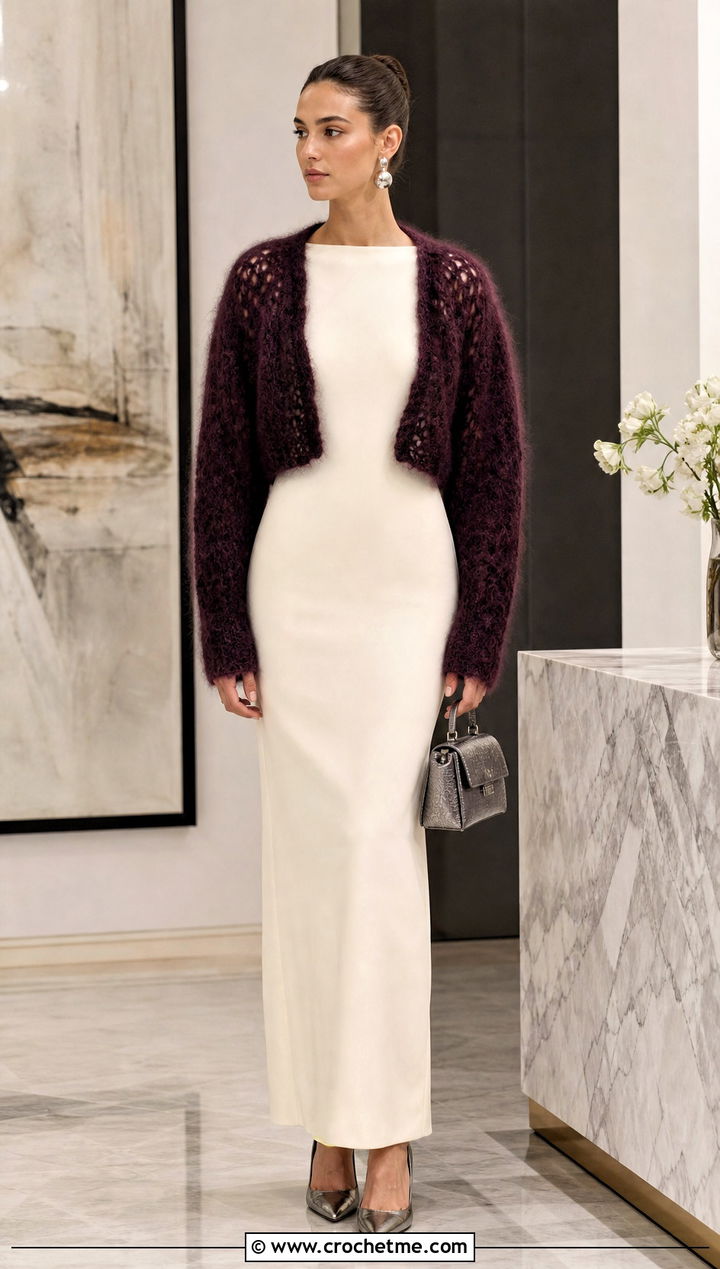 Mohair Crochet Bolero With Column Dress - 35 crocheted bolero outfit ideas
