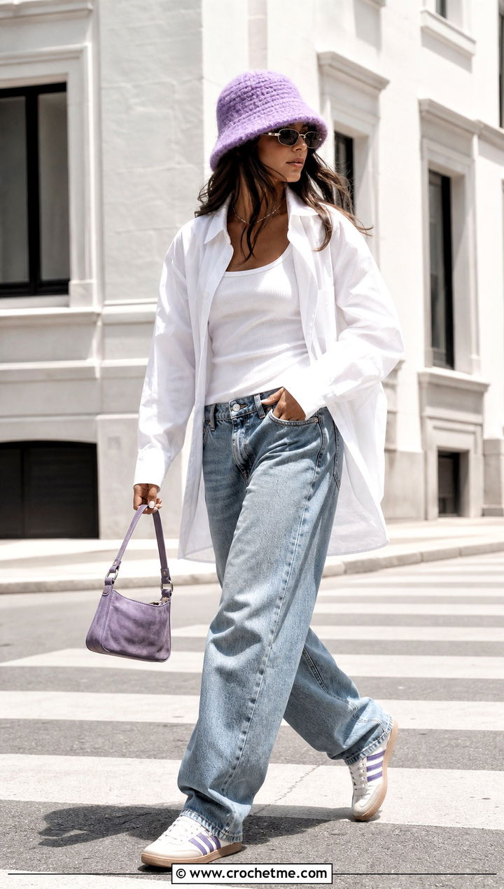 Mohair Crochet Bucket Hat With White Shirt And Barrel Jeans - 35 Mohair Crochet Hat outfit ideas