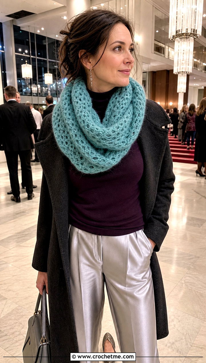 Mohair Crochet Cowl With Wool Coat And Satin Pants - 15 Crochet For Cowl Scarf outfit ideas