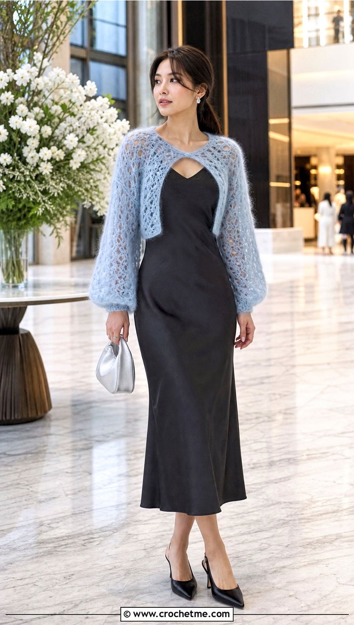 Mohair Crochet Cropped Shrug With Bias Cut Dress - 25 Crochet Cropped Shrug outfit ideas