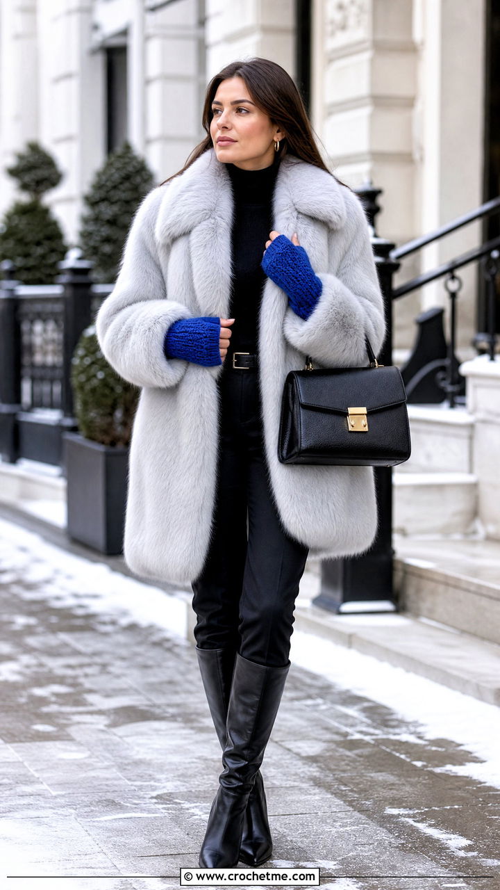 Mohair Crochet Gloves With Faux Fur Coat - 35 crochet hand gloves outfit ideas