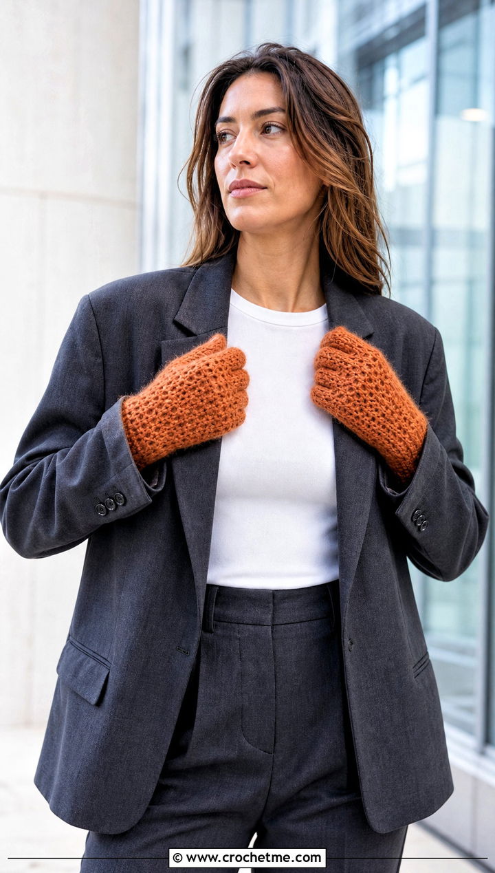 Mohair Crochet Gloves With Oversized Suit - 25 crocheted gloves outfit ideas