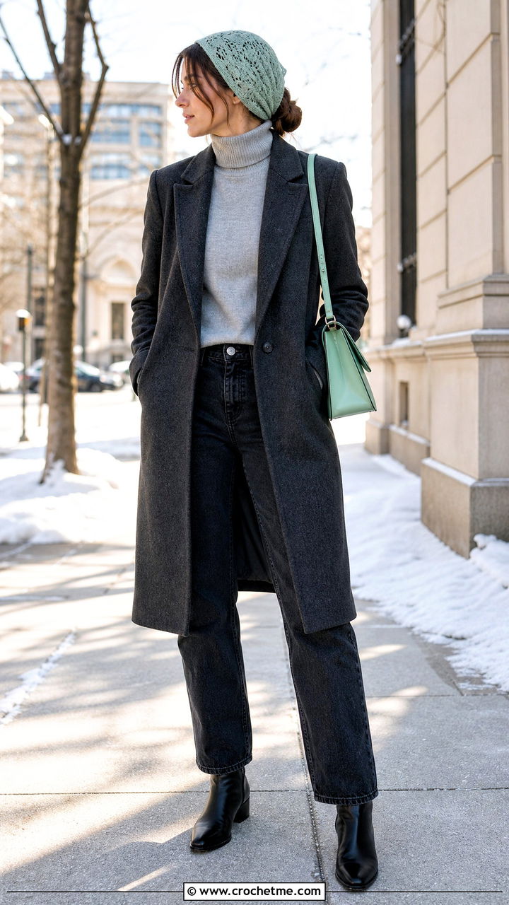 Mohair Crochet Hair Scarf With Wool Coat And Straight Jeans - 35 crochet hair scarf outfit ideas