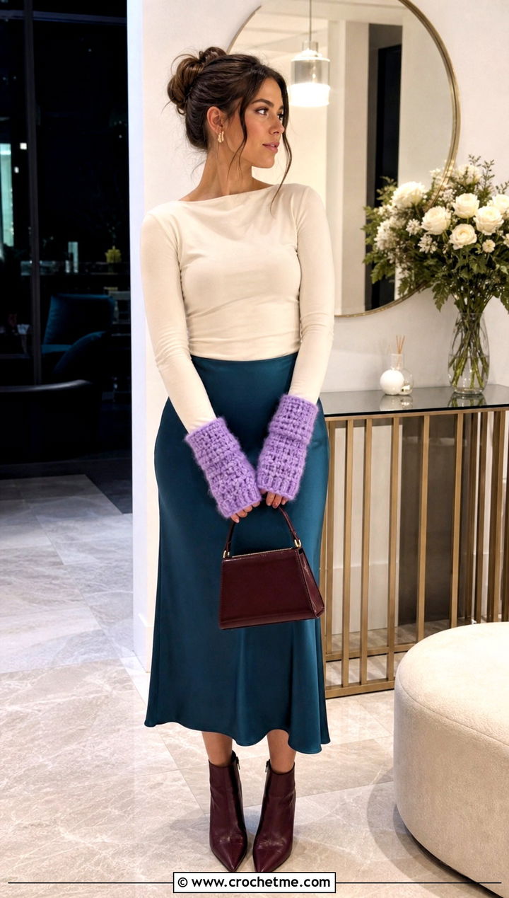 Mohair Crochet Handwarmers With A Satin Skirt - 35 crochet handwarmers outfit ideas