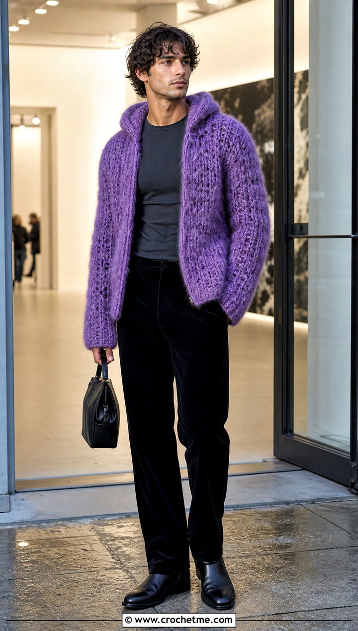 Mohair Crochet Hoodie With Velvet Pants - 35 crochet hoodie for men outfit ideas