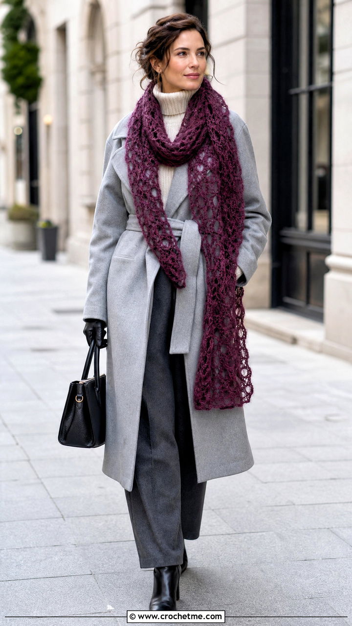 Mohair Crochet Lace Scarf With Wool Coat And Ankle Boots - 35 crochet lace scarf outfit ideas