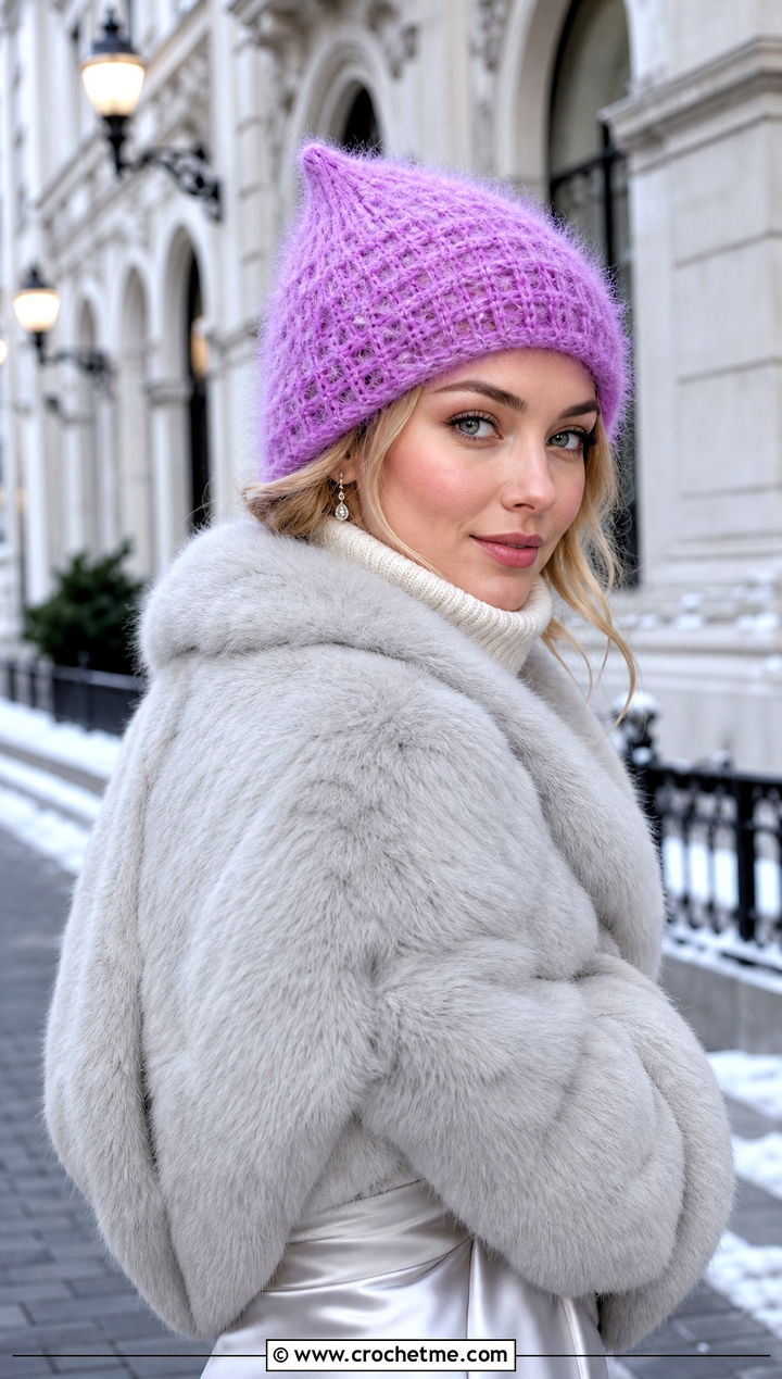 Mohair Crochet Pixie Hat With Faux Fur Jacket - 30 crochet pixie hat outfit ideas