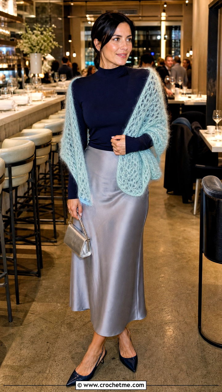Mohair Crochet Rectangle Shawl With Satin Skirt - 35 Crochet Rectangle Shawl outfit ideas