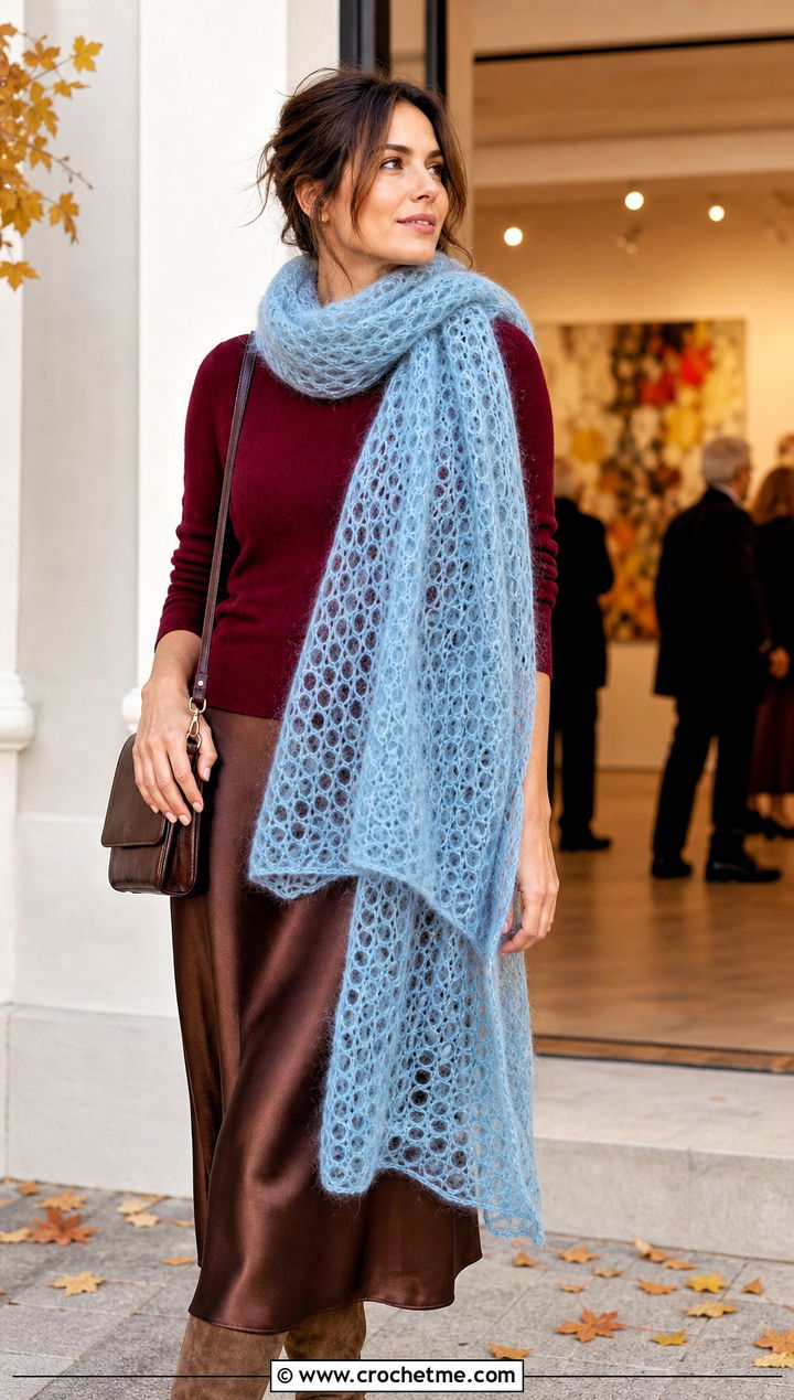 Mohair Crochet Scarf With Satin Skirt And Sweater - 25 super crochet scarf outfit ideas