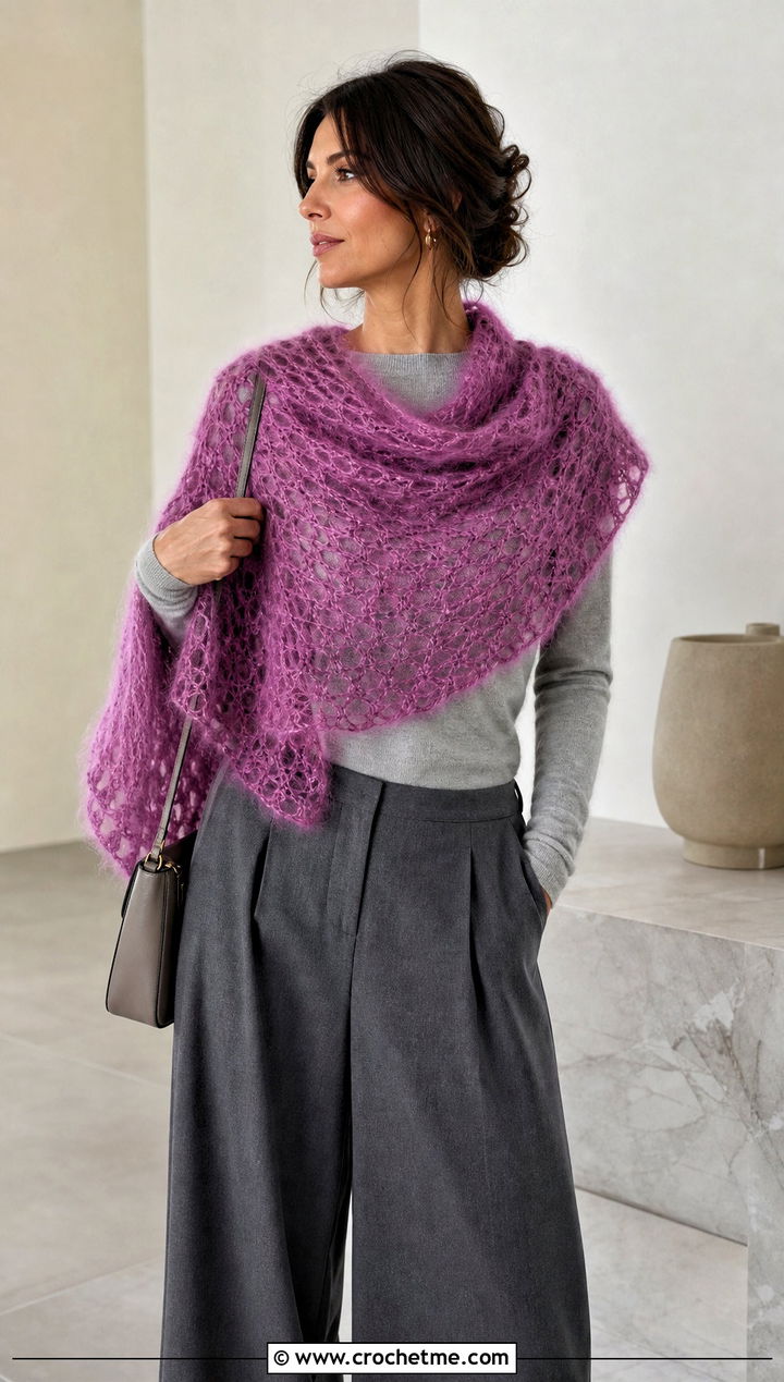 Mohair Crochet Semi Circle Shawl With Minimal Outfit - 25 Crochet Semi Circle Shawl outfit ideas