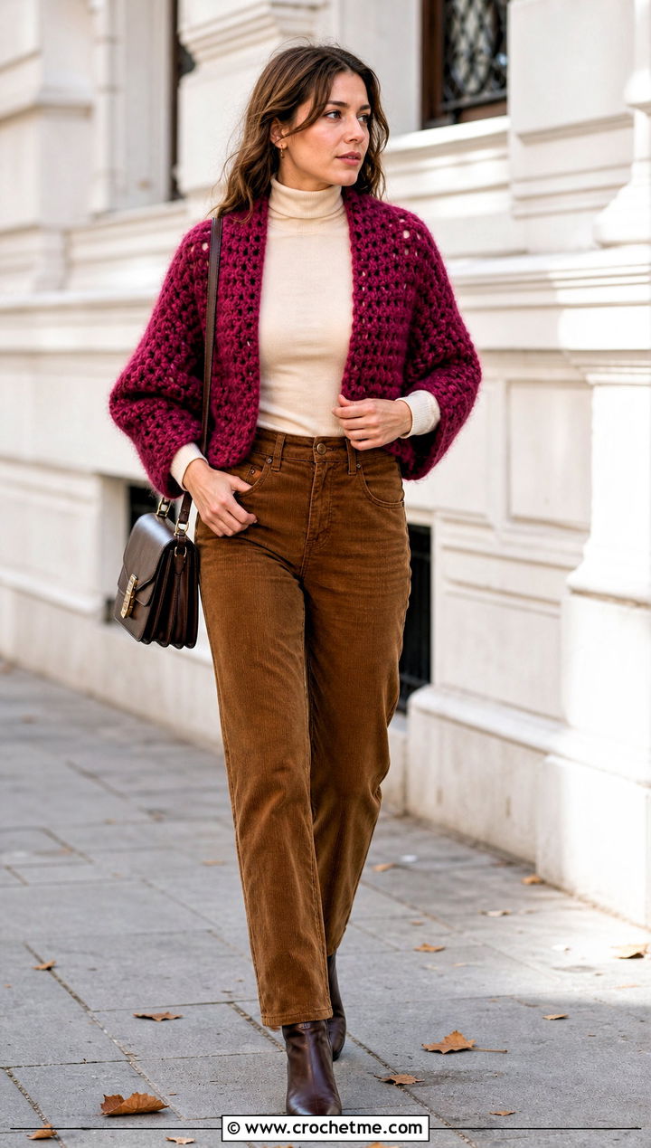 Mohair Crochet Shrug With Corduroy Pants - 35 crocheted shrug outfit ideas