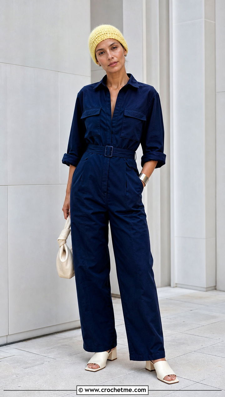 Mohair Crochet Skullcap With Minimal Jumpsuit And Mules - 35 Mohair Crochet Hat outfit ideas
