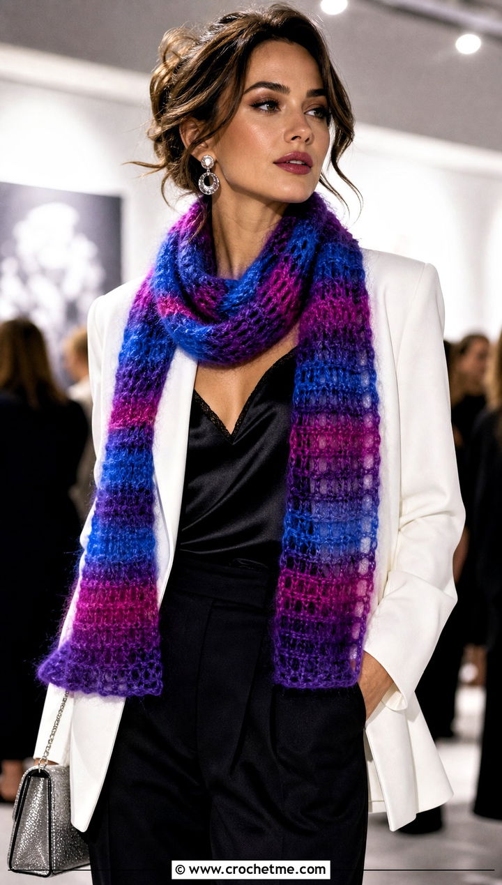 Mohair Crochet Striped Scarf With Evening Separates - 25 crochet striped scarf outfit ideas