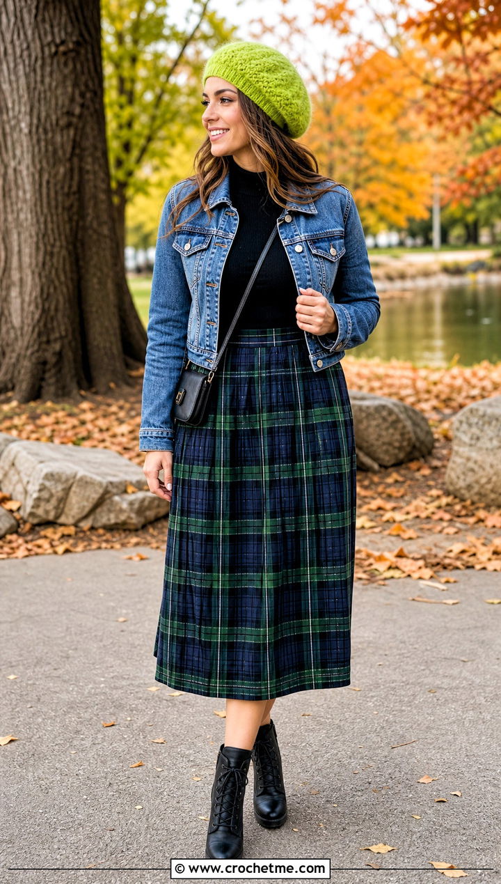 Mohair Crochet Tam Hat With Denim Jacket And Plaid Skirt - 35 Mohair Crochet Hat outfit ideas