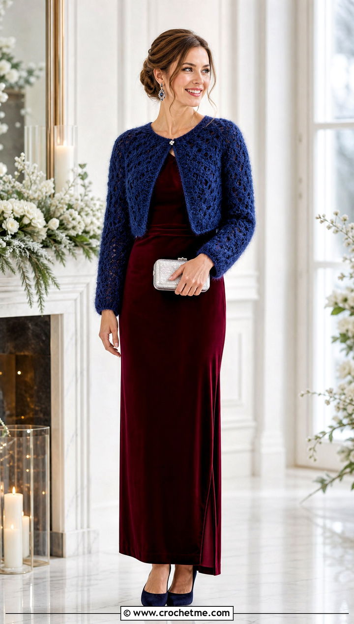 Mohair Crochet Wedding Bolero With Velvet Column Dress - 25 Crochet Wedding Bolero outfit ideas