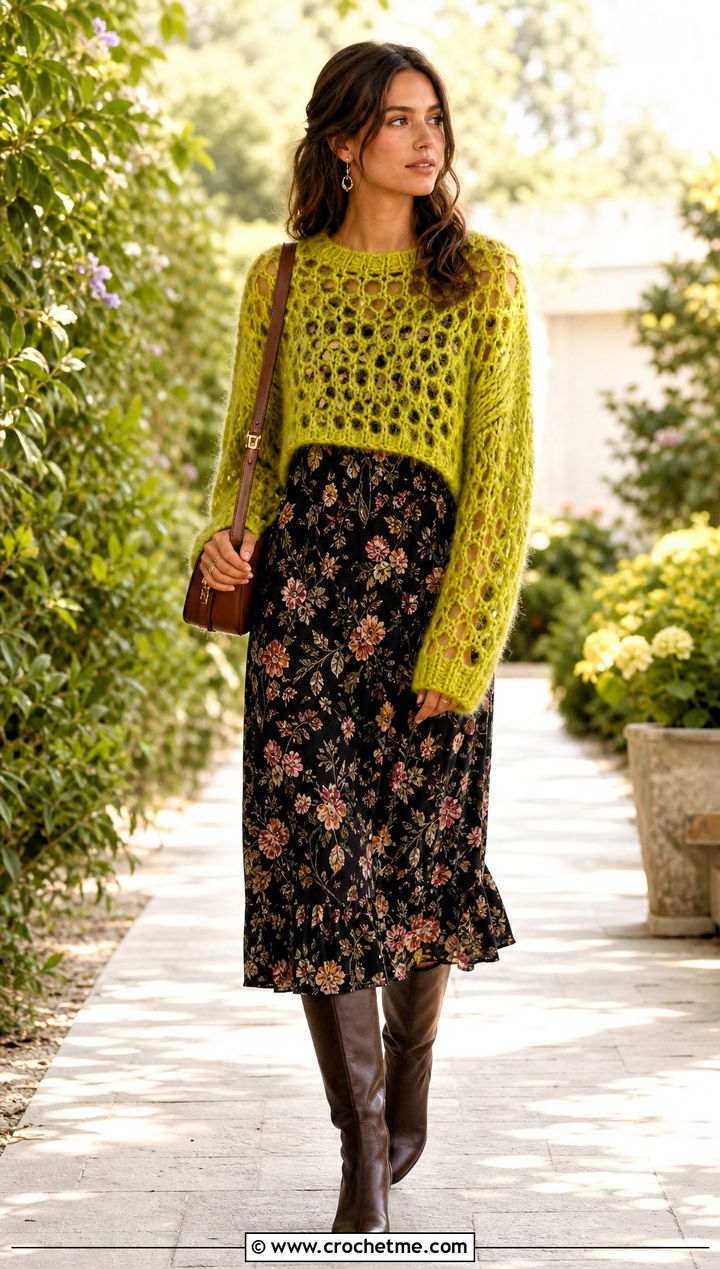 Mohair Distressed Crochet Sweater Over A Floral Midi Dress - 35 distressed crochet sweater outfit ideas
