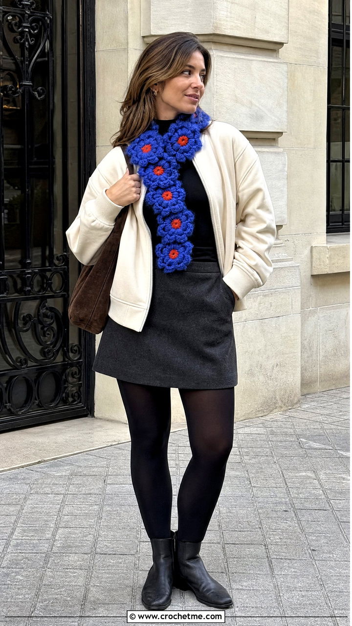 Mohair Flower Crochet Scarf With Bomber Jacket And Mini Skirt - 35 crochet flower scarf outfit ideas