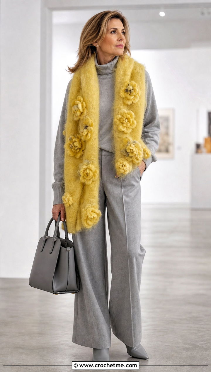 Mohair Flower Scarf With Monochrome Outfit - 30 crochet scarf with flowers outfit ideas