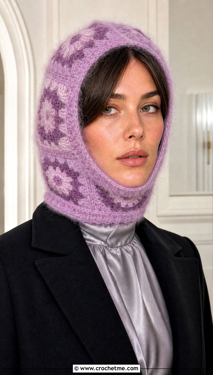 Mohair Granny Square Balaclava With Satin Blouse - 30 crochet granny square balaclava outfit ideas