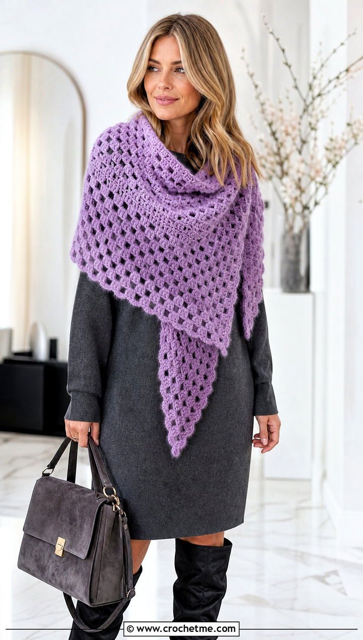Mohair Granny Square Triangle Shawl With Sweater Dress - 30 granny square triangle shawl outfit ideas