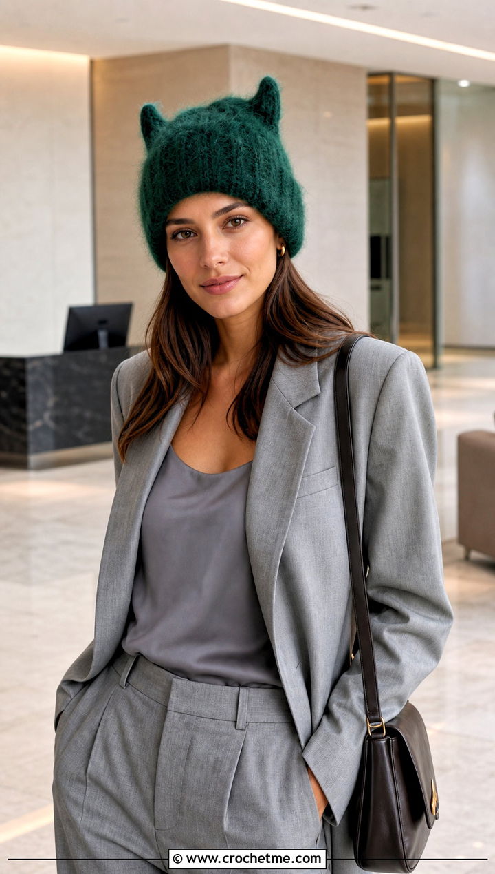 Mohair Horn Beanie With Monochrome Suit - 30 crochet hat with horns outfit ideas