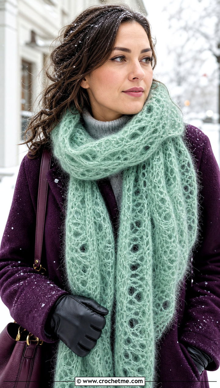 Mohair Lace Crochet Scarf With Wool Coat And Straight Jeans - 15 Lacy Green Crochet Scarf outfit ideas