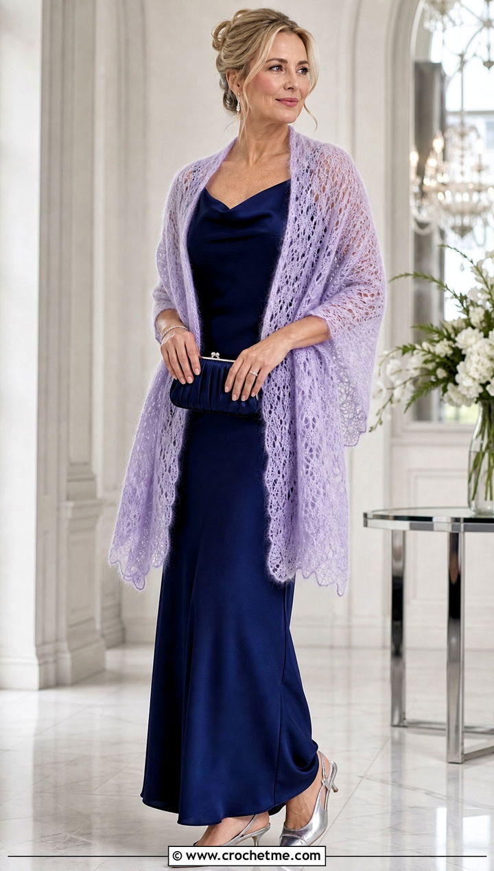 Mohair Lace Crochet Shawl With Bias Cut Dress - 30 boho crochet shawl outfit ideas