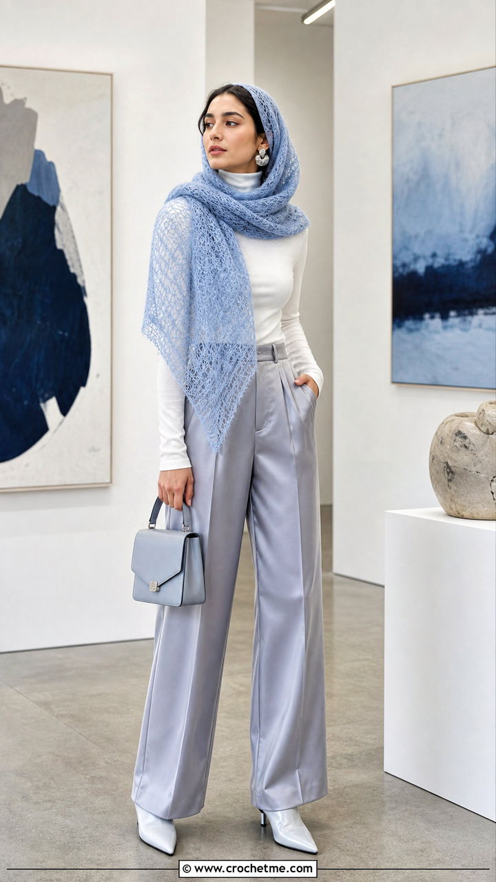 Mohair Lace Head Scarf With Turtleneck And Satin Pants - 35 crochet head scarf outfit ideas