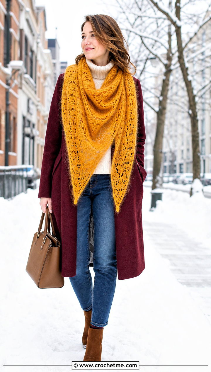 Mohair Lace Triangle Shawl With A Wool Coat - 20 Crochet Lace Triangle Shawl outfit ideas