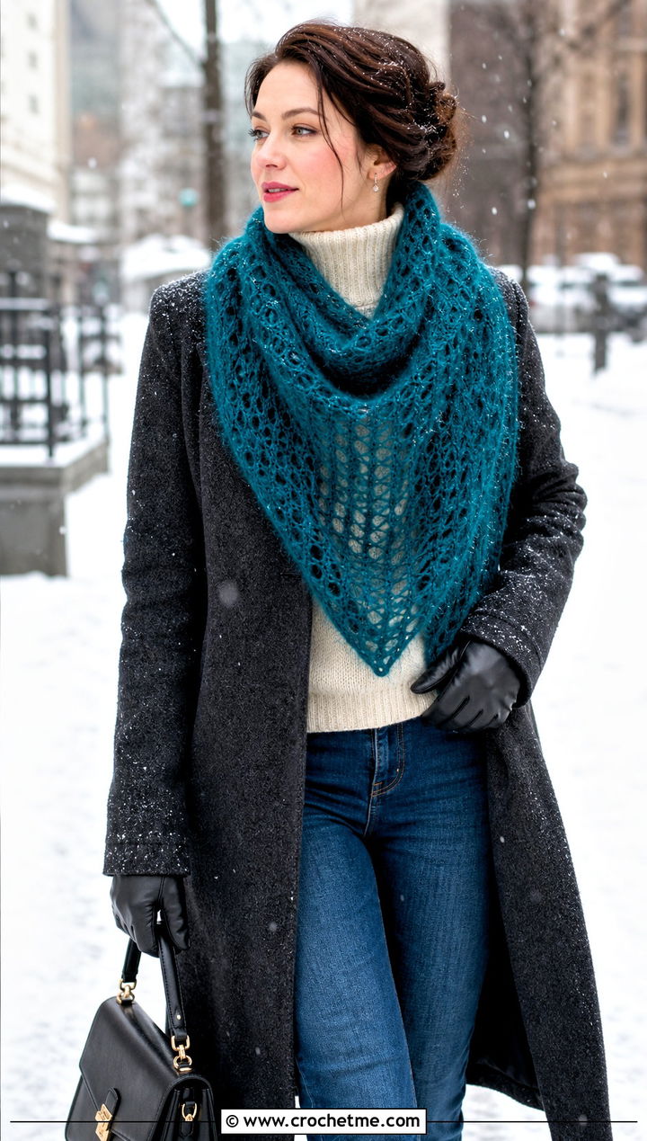 Mohair Lace Triangle Shawl With Wool Coat And Straight Jeans - 25 Crochet Lacy Triangle Shawl outfit ideas