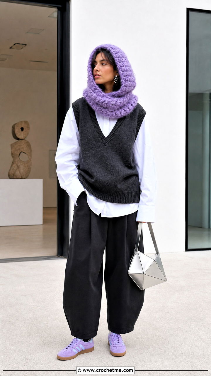 Mohair Look Crochet Hooded Cowl With Artsy Layers - 35 crochet hooded cowl outfit ideas